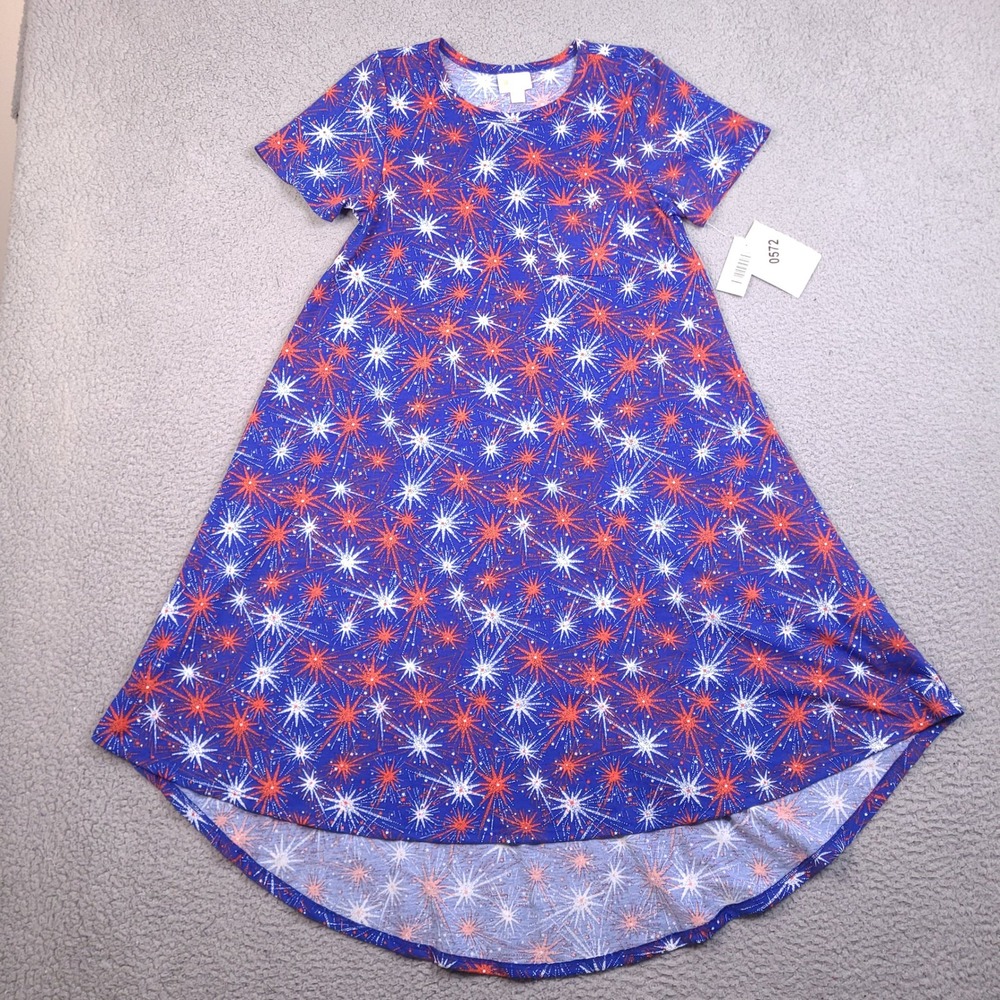 LuLaRoe Carly Dress XXS Blue Red White Firework Starburst‎ High Low Swing NWT